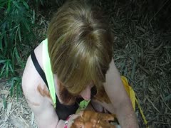Horny granny eats shit while hiking in the forest
